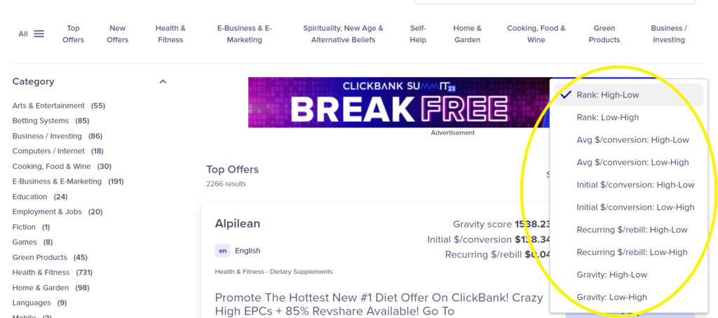 Screenshot showing Clickbanks best affiliate offers